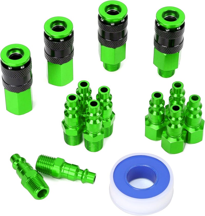 FYPower 15 Pieces 1/4" NPT Aluminum Air Coupler and Plug Kit, Quick Connect Air Fittings, Industrial Quick Connector Set (Green) - Image 1